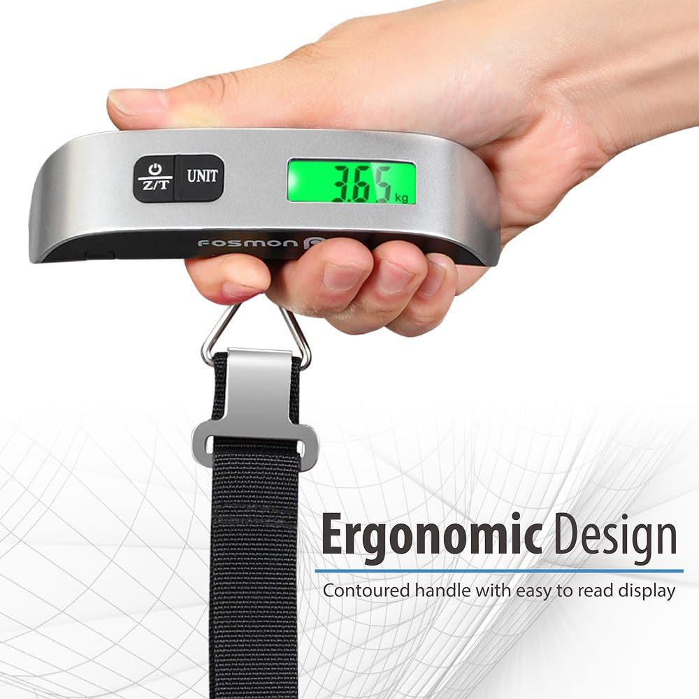 Fosmon Digital Luggage Scale, LCD Display Backlight Temperature Baggage Scale with 110lbs Capacity, Portable Stainless Steel Hanging Luggage Weight Scale with Tare Function for Travelers - Silver