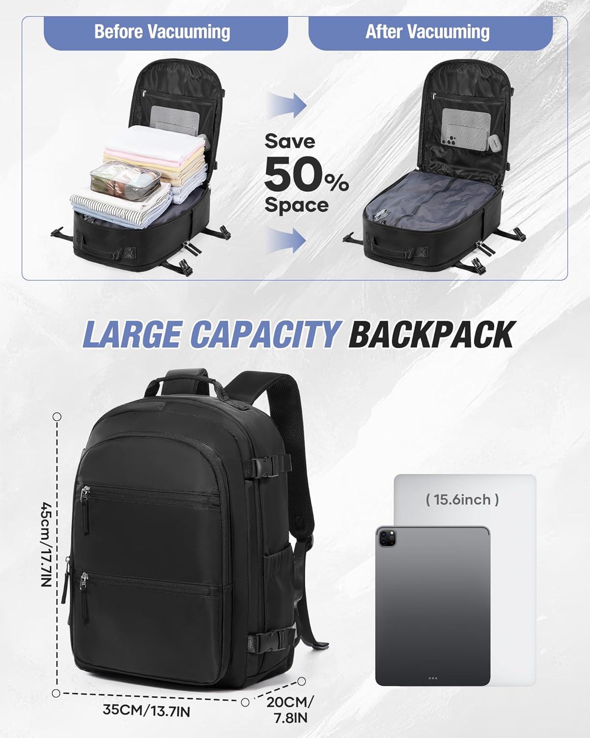 Vacuum Backpack Travel with Pump, Large 18×14×8 Personal Item Travel Bag with Vacuum Seal System Frontier Approved, Mochila al Vacio Para Mujer, 16" Laptop Backpacks for Men, Black