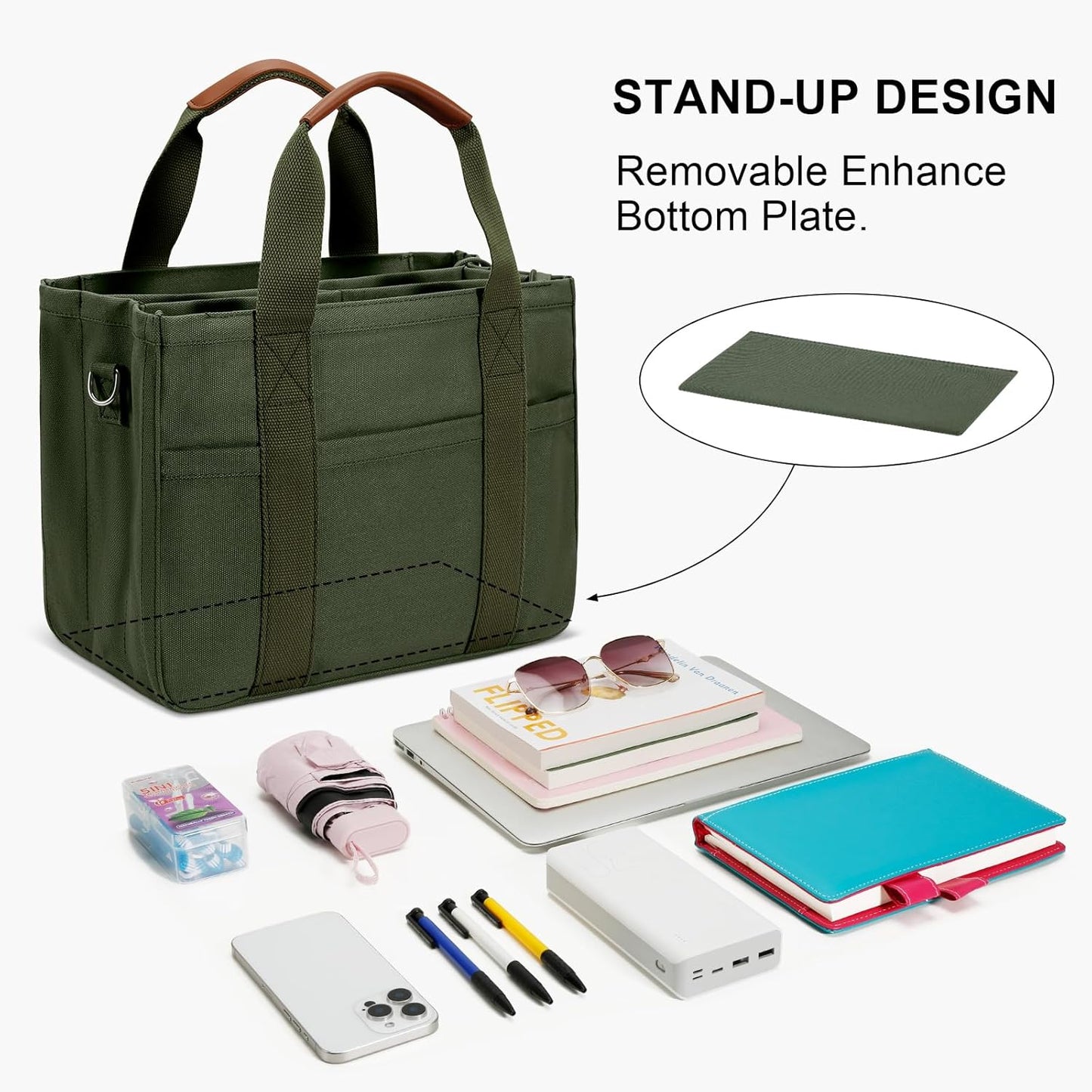 KKXIU Canvas Tote Bag for Women with Zipper and Compartments Crossbody Large Bible Messenger Purse Bag With Pockets