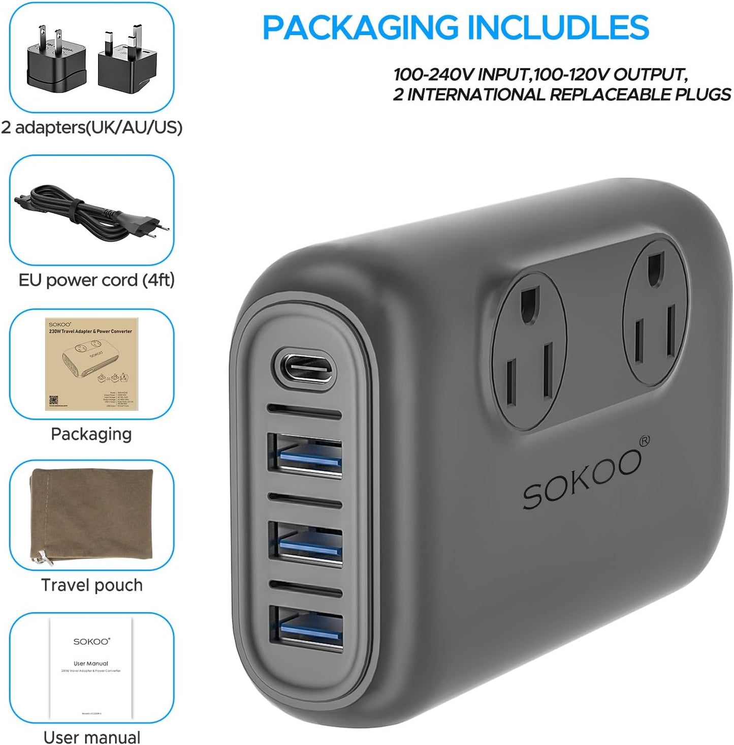 SOKOO 220v to 110v Voltage Converter, International Universal Travel Adapter, 4 USB Ports (1 USB C) Step Down Power Converter Adapter Combo with UK/AU/US/EU Plug Adapter