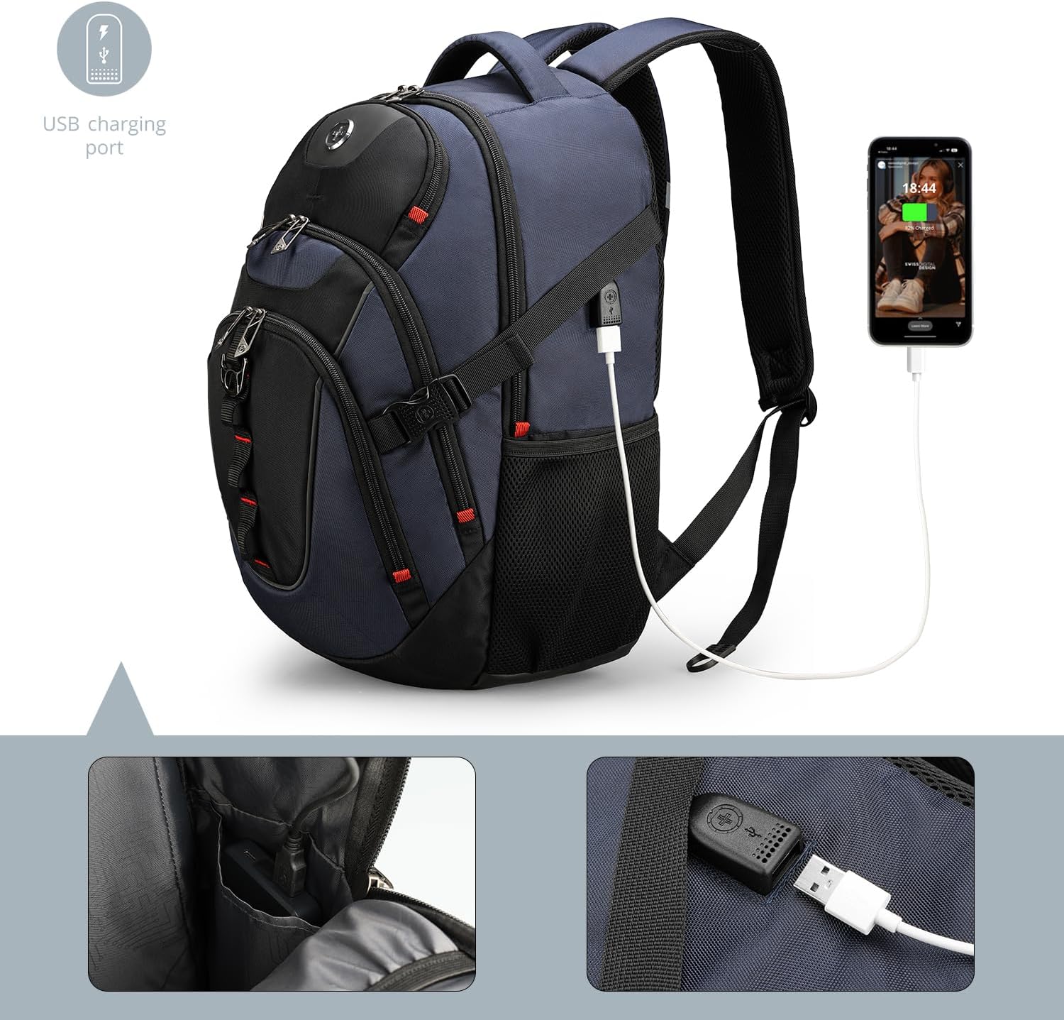 Swissdigital Design Travel Backpack for Men with Apple Find My, Laptop Backpack with USB Charging