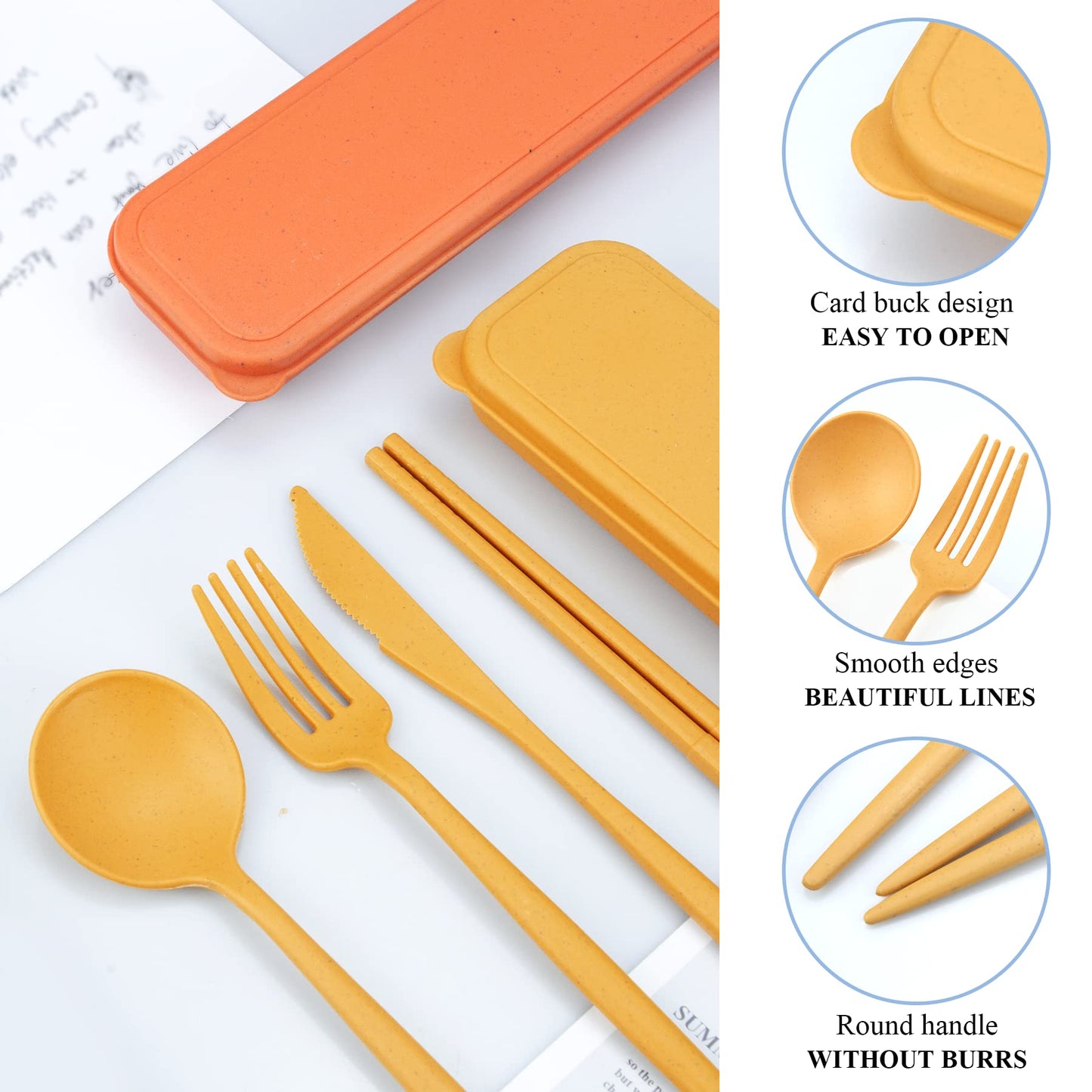 DISSKNIC Reusable Travel Utensils with Case, 4 Sets Wheat Straw Portable Cutlery Set Chopsticks
