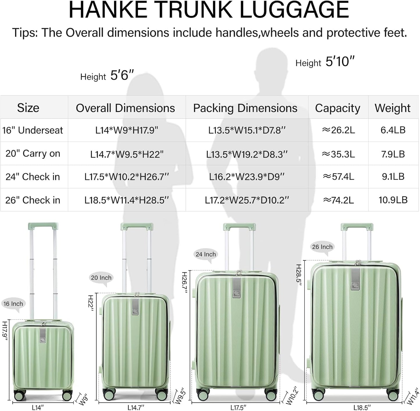 Hanke 26 Inch Large checked Luggage PC Hard Shell luggage Top Opening Aluminum Frame Travel Luggage Suitcases with Wheels for Woman Men.(Bamboo Green)