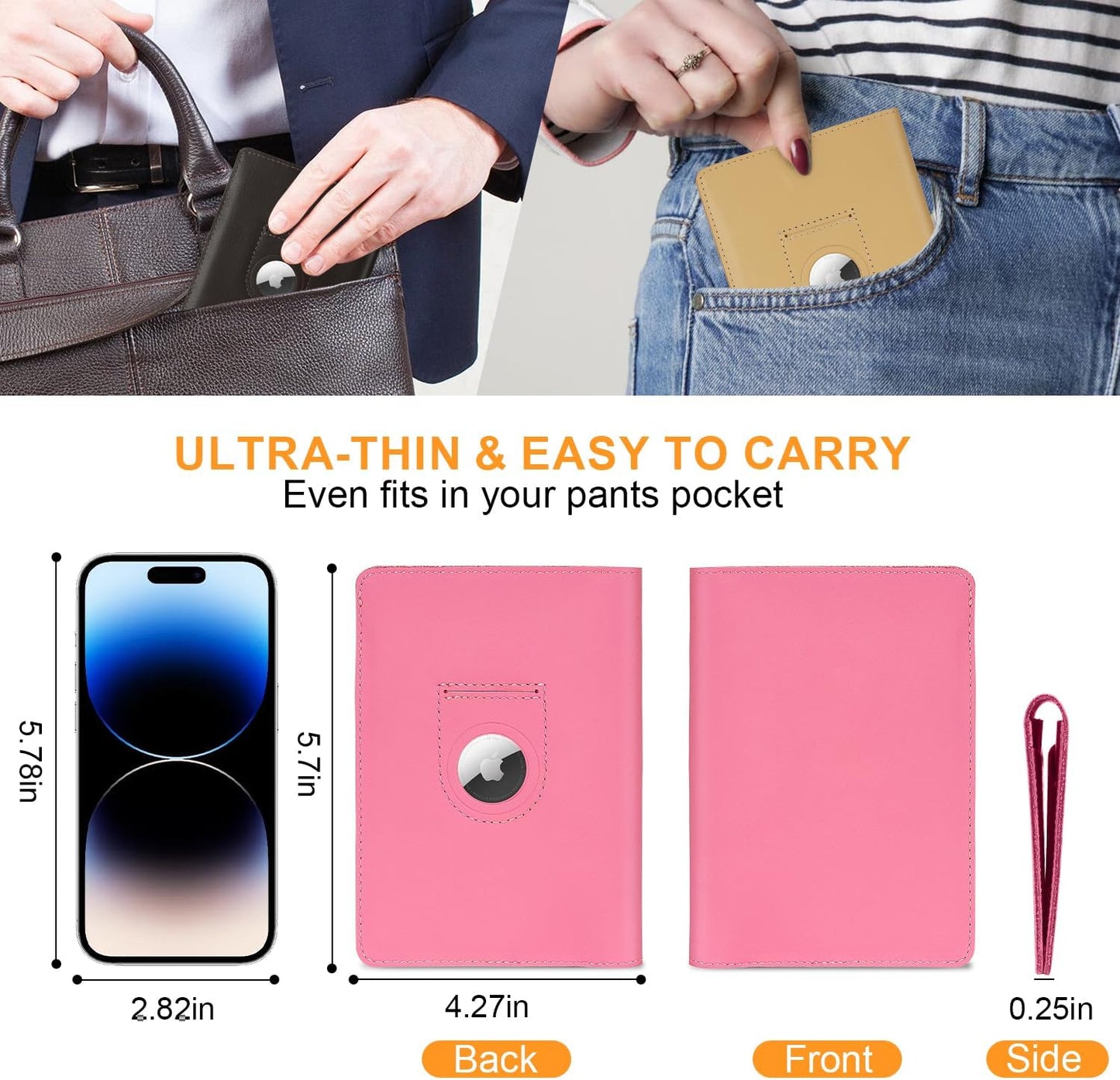 Full Grain Leather AirTag Passport Holder Wallet Cover for Men and Women Travel, Passport Holder with AirTag Slot Passport Wallet, Travel Essentials Genuine Leather Passport Cover Gifts (Pink)