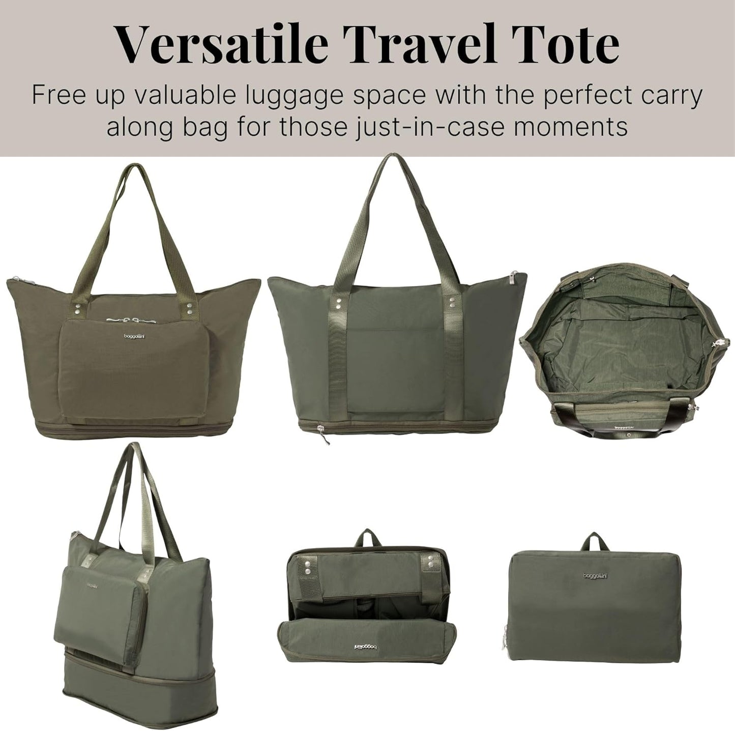 Baggallini Carryall Expandable Lightweight Travel Tote 22" Packable Folding Compact Nylon Washable Weekender w/Luggage Sleeve