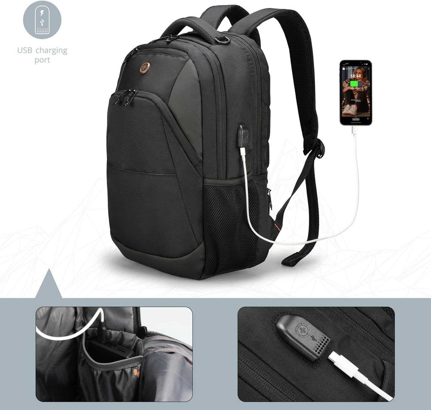 Swissdigital Design Business Laptop Backpack, College Laptops Backpack with USB Charging Port for Men and Women Fits 16 Inch Notebook, Black | ANDWIL