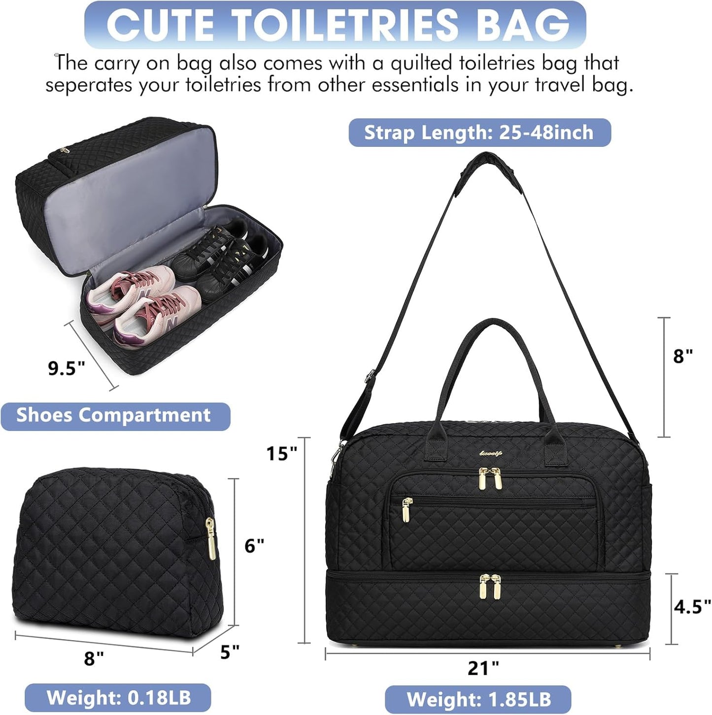Travel Duffle Bag Weekender for Women - 38L Carry-On Overnight Personal Item Bag with Shoe