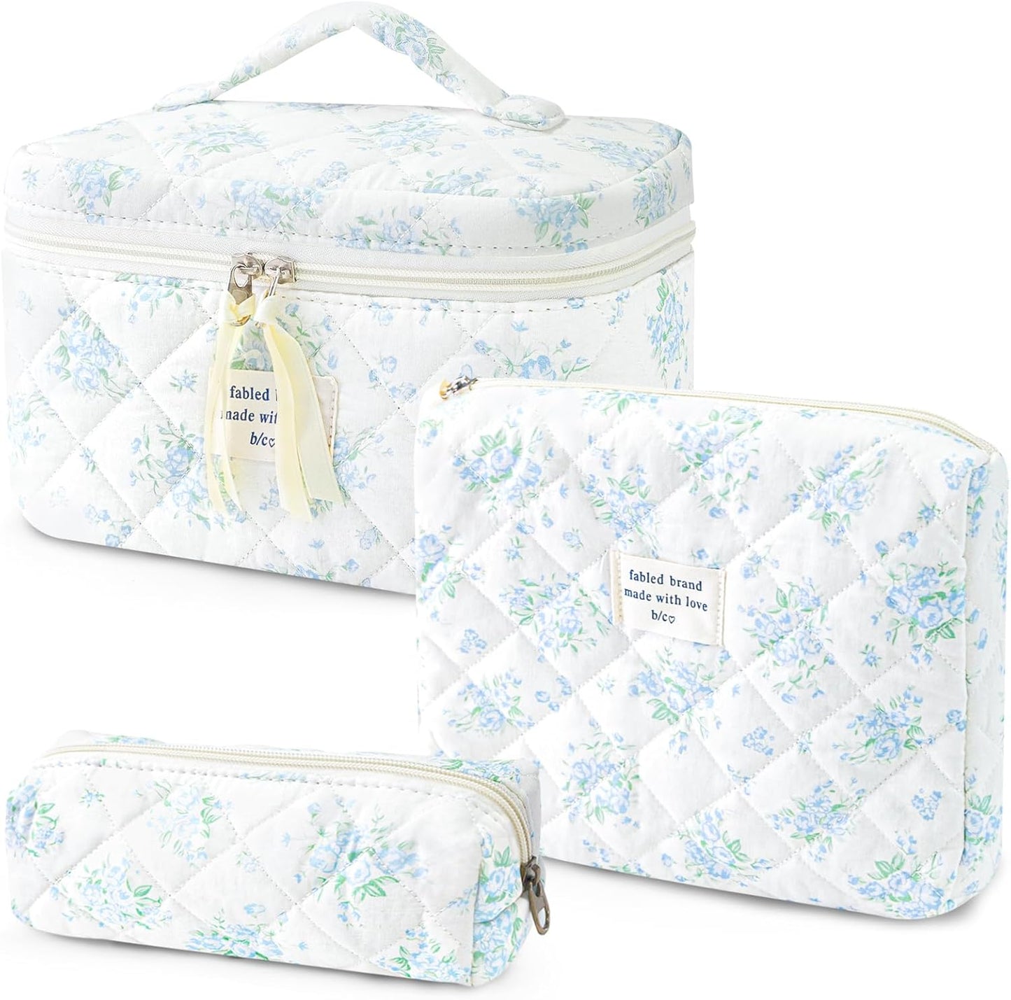 3Pcs Cotton Quilted Makeup Bag for Women Girls, Large Floral Cosmetic Bag Set Cute Makeup Brushes Aesthetic Accessories Storage Bag Blue Rose Flower Travel Toiletry Bag Organizer