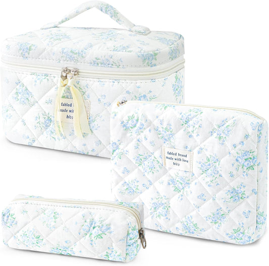 3Pcs Cotton Quilted Makeup Bag for Women Girls, Large Floral Cosmetic Bag Set Cute Makeup Brushes Aesthetic Accessories Storage Bag Blue Rose Flower Travel Toiletry Bag Organizer
