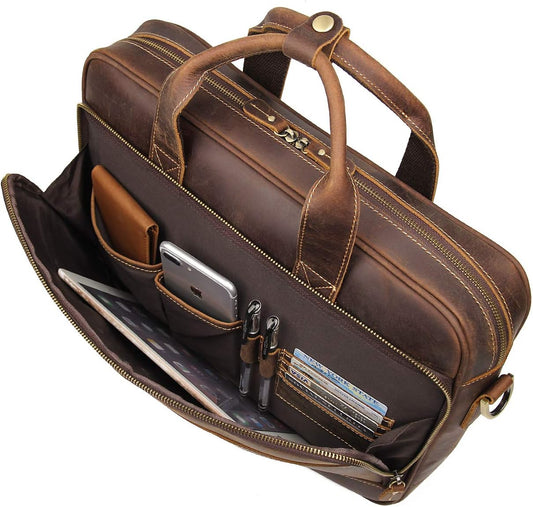 Augus Leather Messenger Bag for Men Vintage Travel Backpack 17 inch laptop Briefcase Shoulder Bags