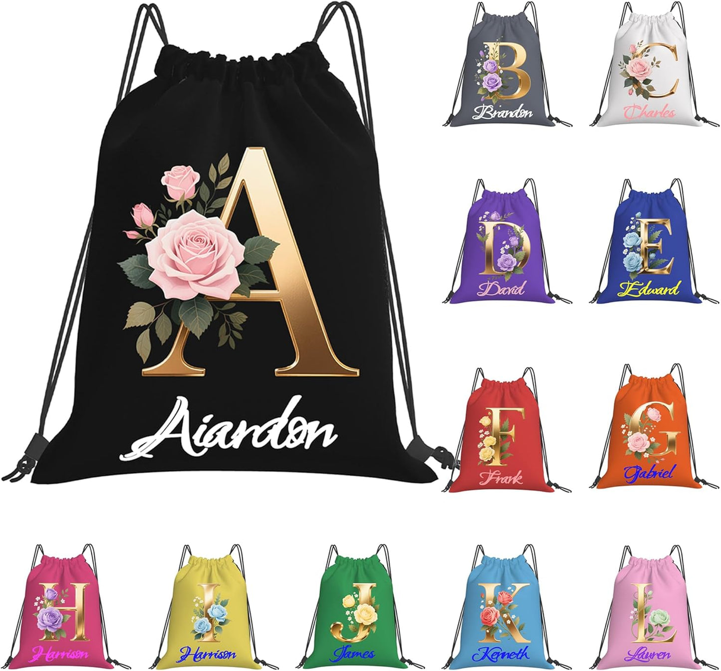 Personalized Drawstring Bag with Your Name Drawstring Backpack for Men Women Small Gym Beach Shopping Sport Yoga Bag (Letter 1)