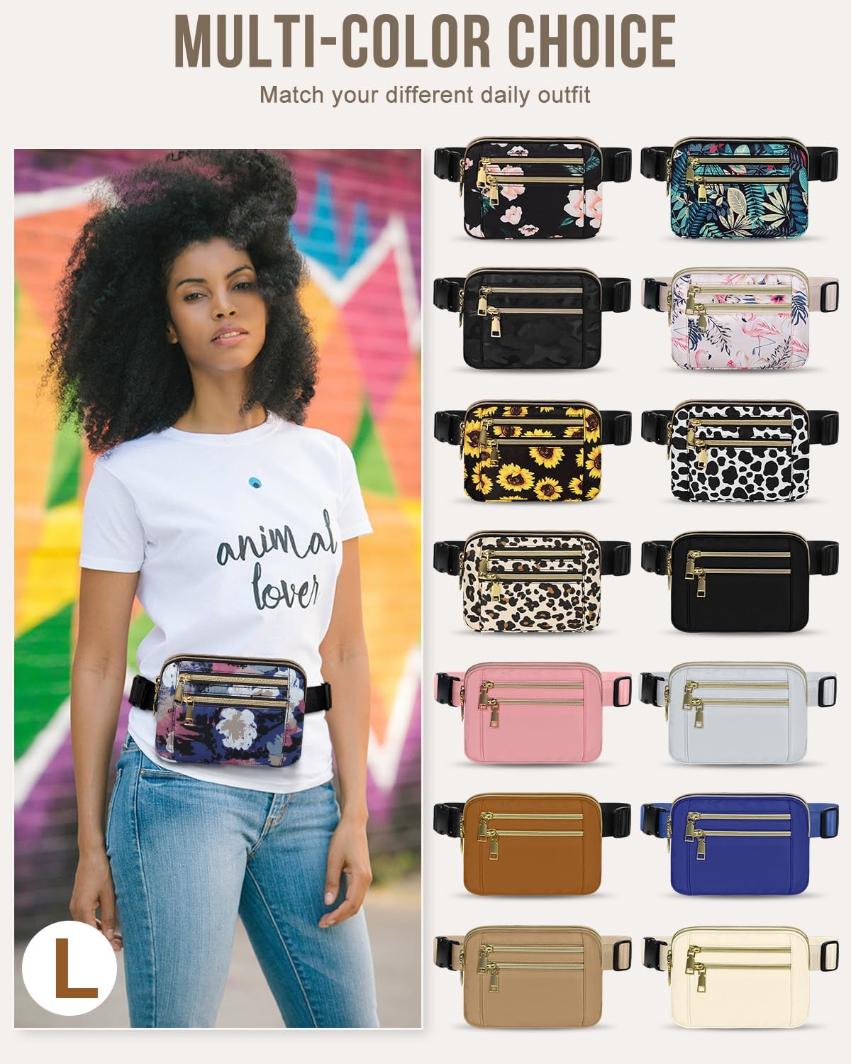 Capolo Fanny Packs for Women Fashion Waist Packs Bag with Adjustable Strap and 4 Zipper Pockets Waterproof Everywhere Crossbody Belt Bag for Workout Running Travelling(Watercolor Print, Large)