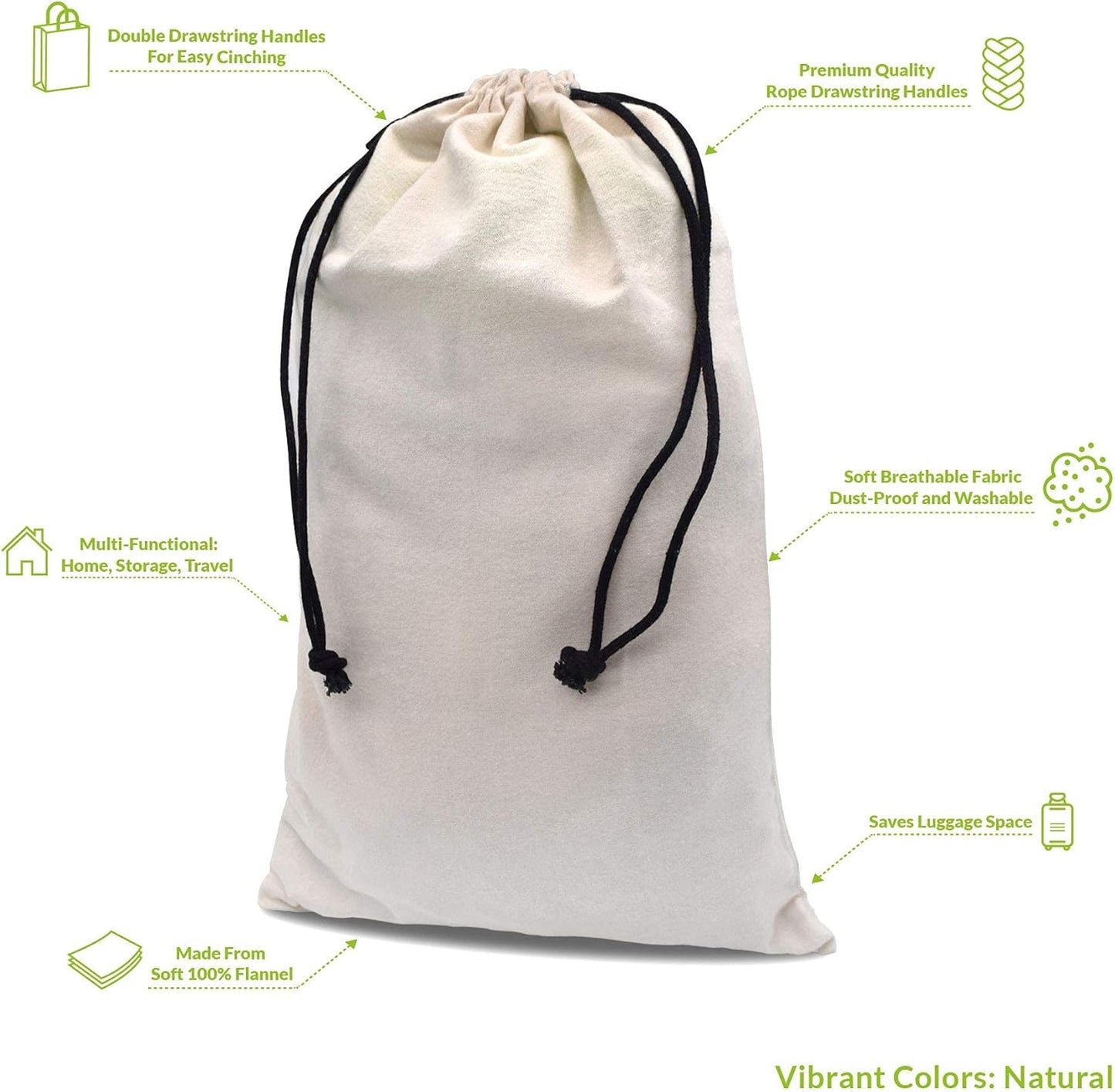 ZENPAC Cowboy Boot Bag, Beige Duster Flannel Pouch with Drawstring Closure, Washable Breathable Cotton Fabric for Shoes, Luggage, 12.5x20.5 2 Pack