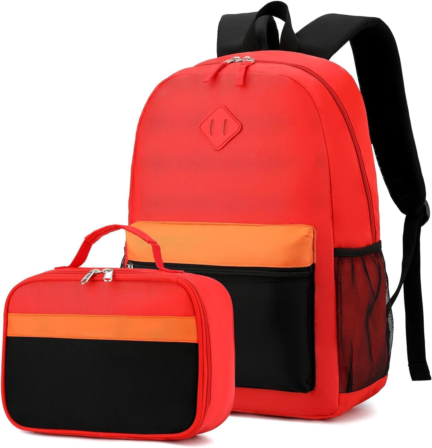 Kids Backpack Lunch Box Set Elementary School Backpacks 5-9 Years for Boys and Girls with Chest Buckle (Set Red Black, Large-17 H)