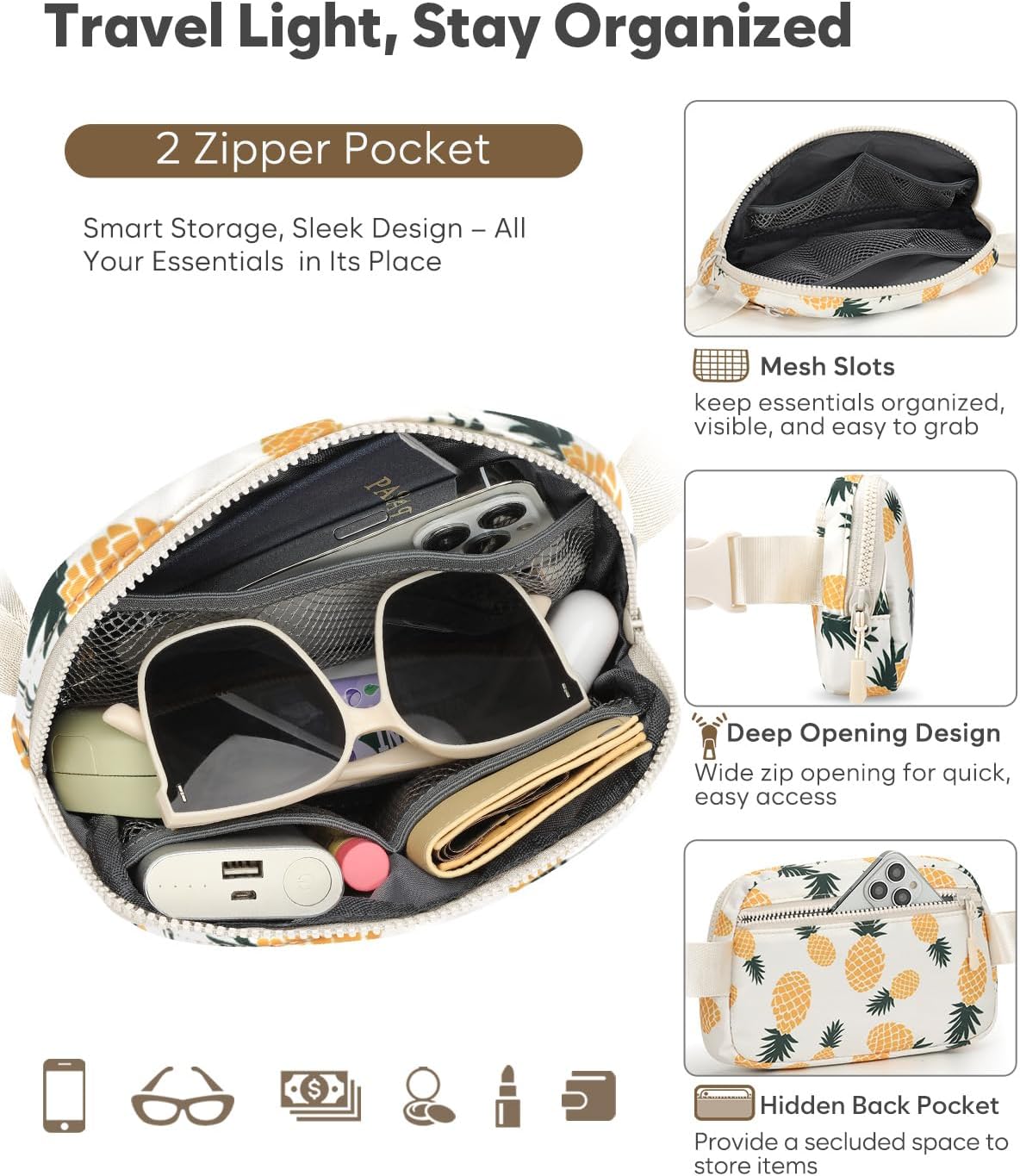 Fanny Packs for Women Cross Body Bag Waterproof Belt Bag with Adjustable Strap and Zipper Back Pocket Small Crossbody Bags Fashion Waist Packs for Workout Travelling(Pineapple)