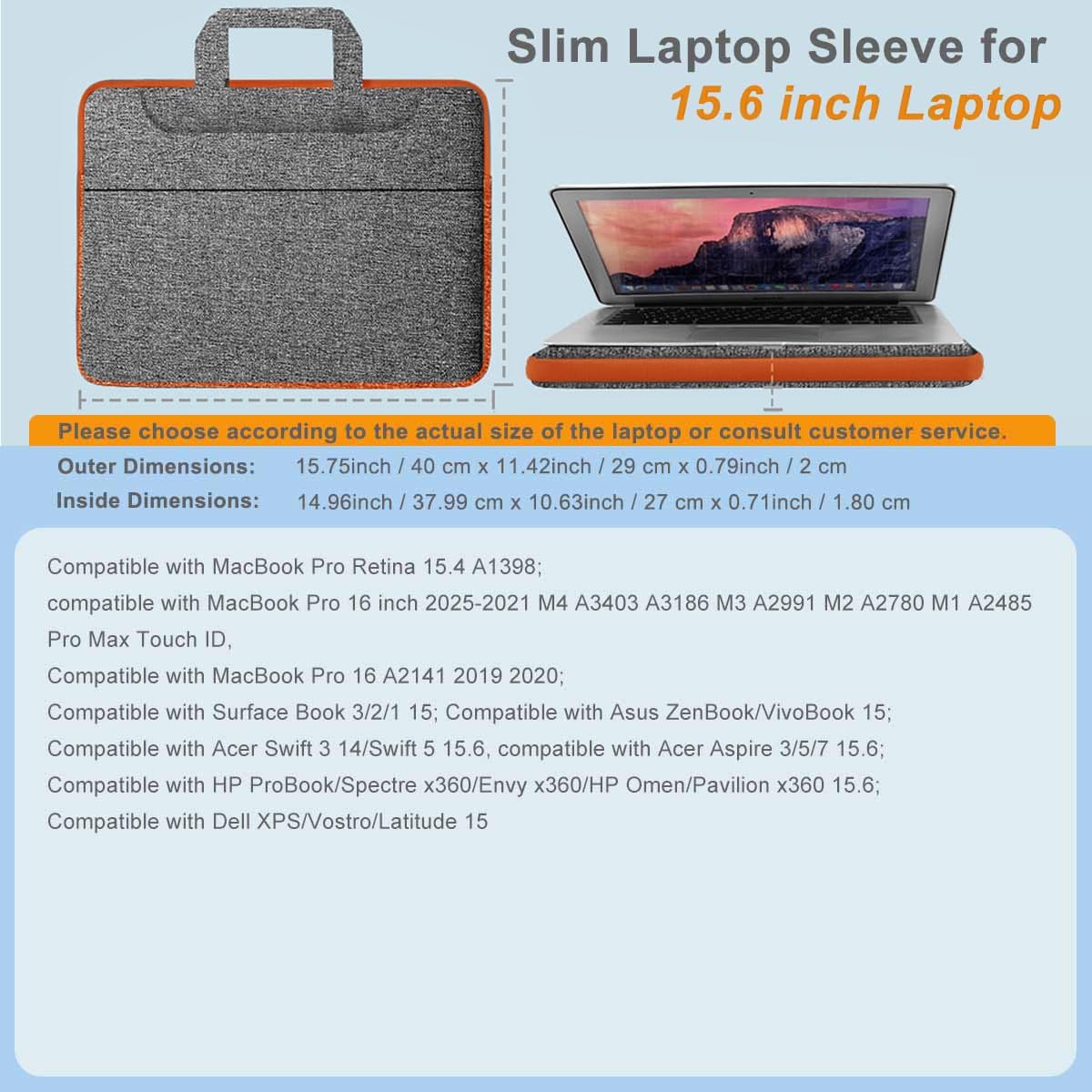 Laptop Case 15.6 inch Shoulder Bag, Durable Shockproof Protective Computer Carrying Briefcase with Multi-Pockets and Strap Compatible with Most 15.6 inch Notebooks,Dark gray-orange