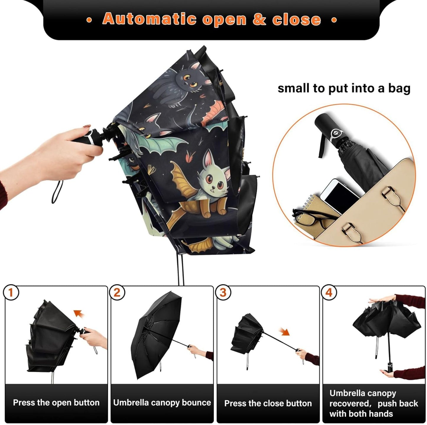Automatic Folding Umbrella Windproof Strong, UV Protection Compact Black Gothic Moon Spider Webs and Bats Sun Rain Sun Rain Travel Umbrellas for Women Men