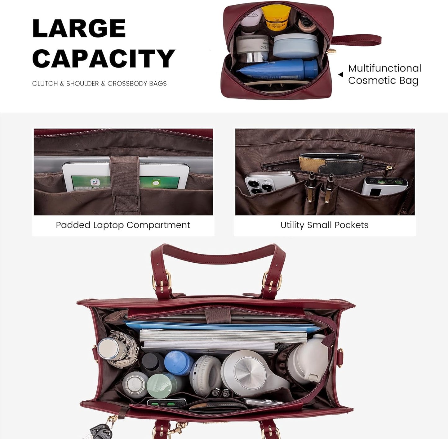LOVEVOOK Laptop Tote for Women - 15.6 inch Lightweight PU Laptop Bag, Large Capacity Computer Bag with Clutch Purse for Business, Work, Office, Travel, Claret