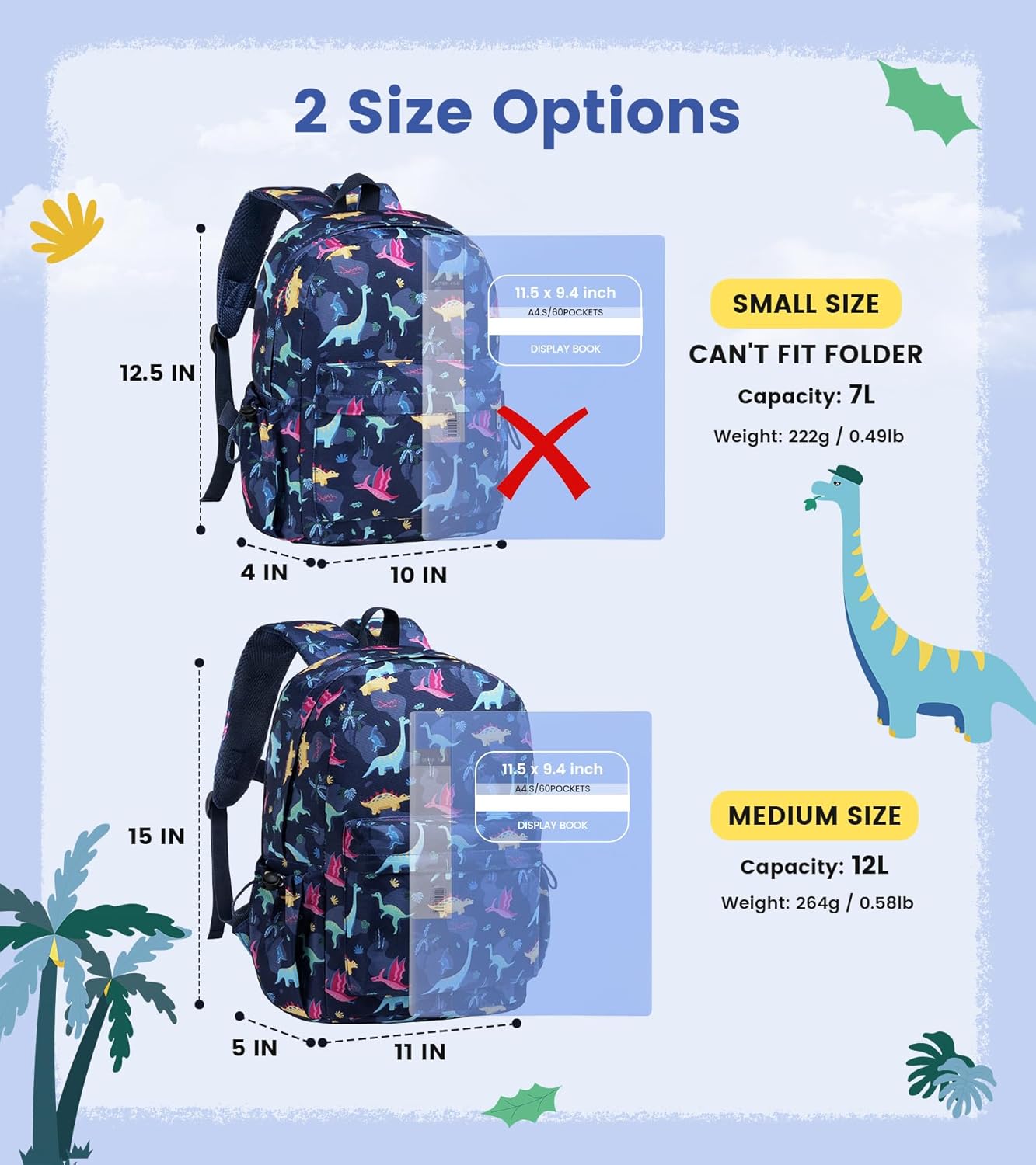 Vorspack Kids Backpack for Boys - 15 Inch Boys Backpack Ages 5-8, Cute Dinosaur Bookbag School Bags for Elementary School - Blue