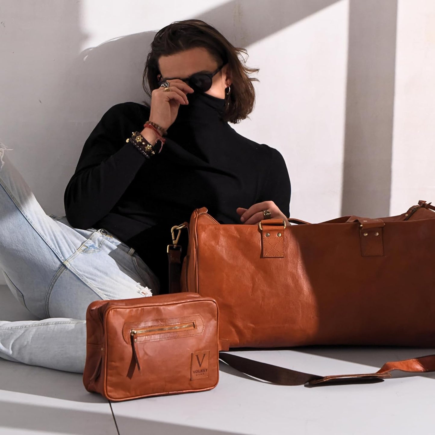 Leather Duffle Bag for Men & Women, 46L Overnight Weekender Garment Duffel Bags for Travel with