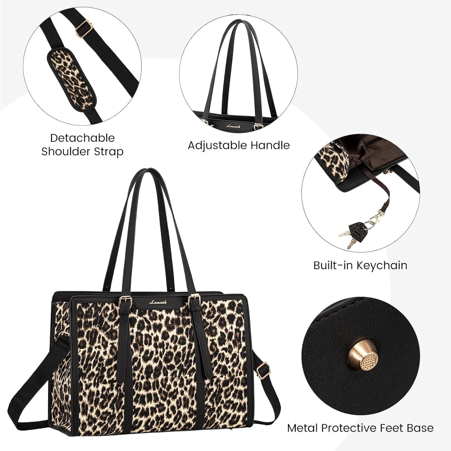 LOVEVOOK Laptop Bag for Women - 15.6 inch Lightweight Canvas Laptop Tote, Large Capacity Computer Bag with Clutch Purse for Business, Work, Office, Travel, Leopard