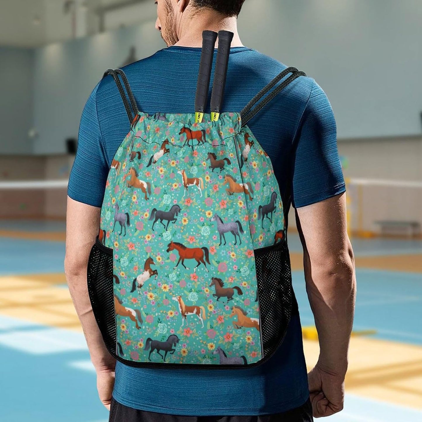 Horse Flower Drawstring Backpack Gym Bag With Shoe Compartment String Bag Sport Beach Swimming