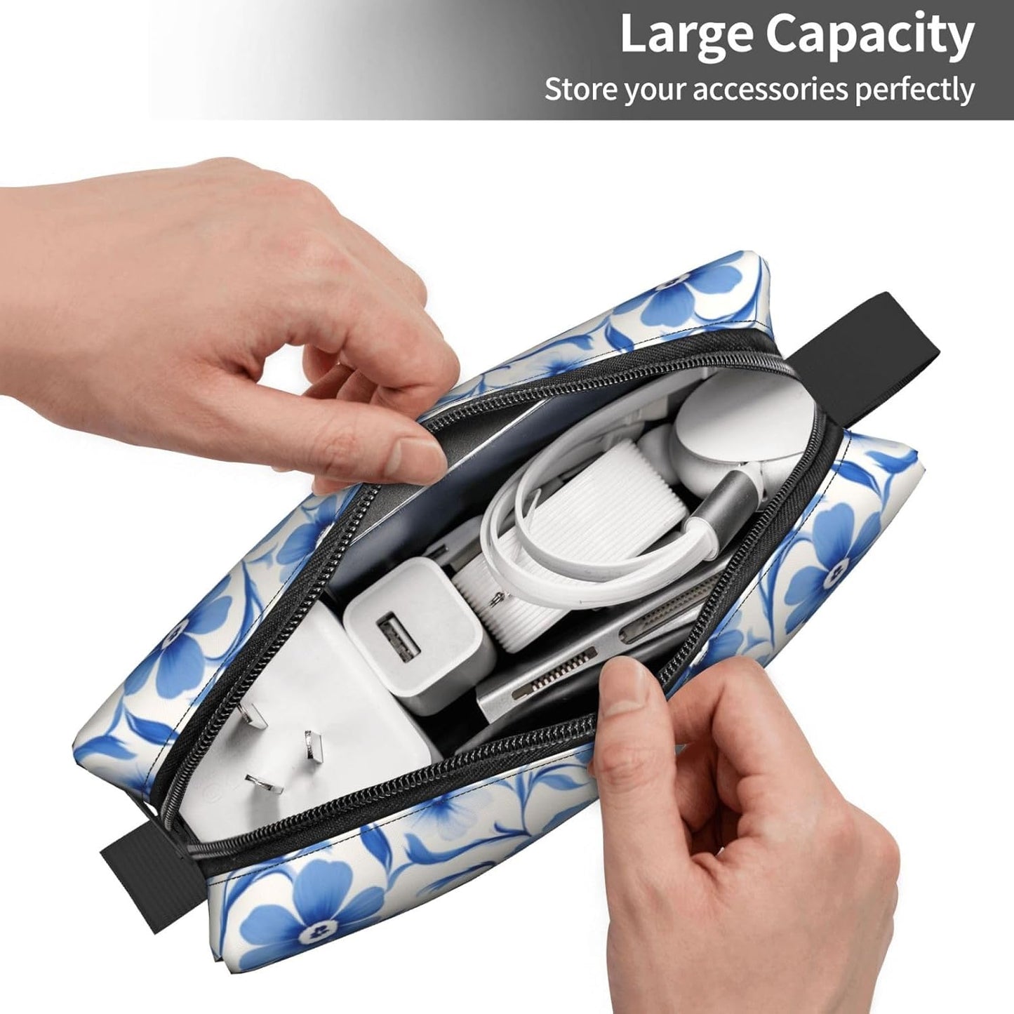 Blue Elegant Flower Makeup Bag Small Compact & Durable Travel Cosmetic Bag Organizer Oxford Fabric Multi-Purpose Storage Perfect for Travel, Gym, Daily Use