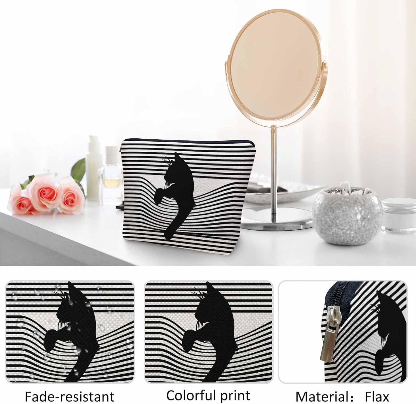 Woman Makeup Bag Black Cat, Funny Kitten Cat Stripes White Makeup Bags Travel Cosmetic Bags Toiletry Makeup Organizer Pencil Pouch Make Up Cosmetic Bag For Owners Lady Birthday Gifts