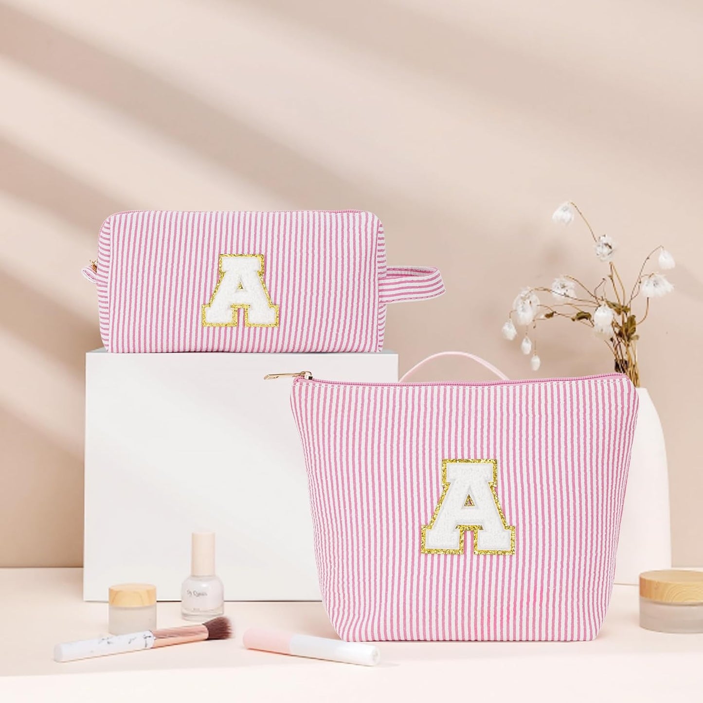 Christmas Gifts for Girls - Initial Makeup Bag, Teen Girl Gifts Trenty Stuff Cute Cosmetic Bag Set, Stocking Stuffers Christmas Brithday Gift for Girls, Light Pink A