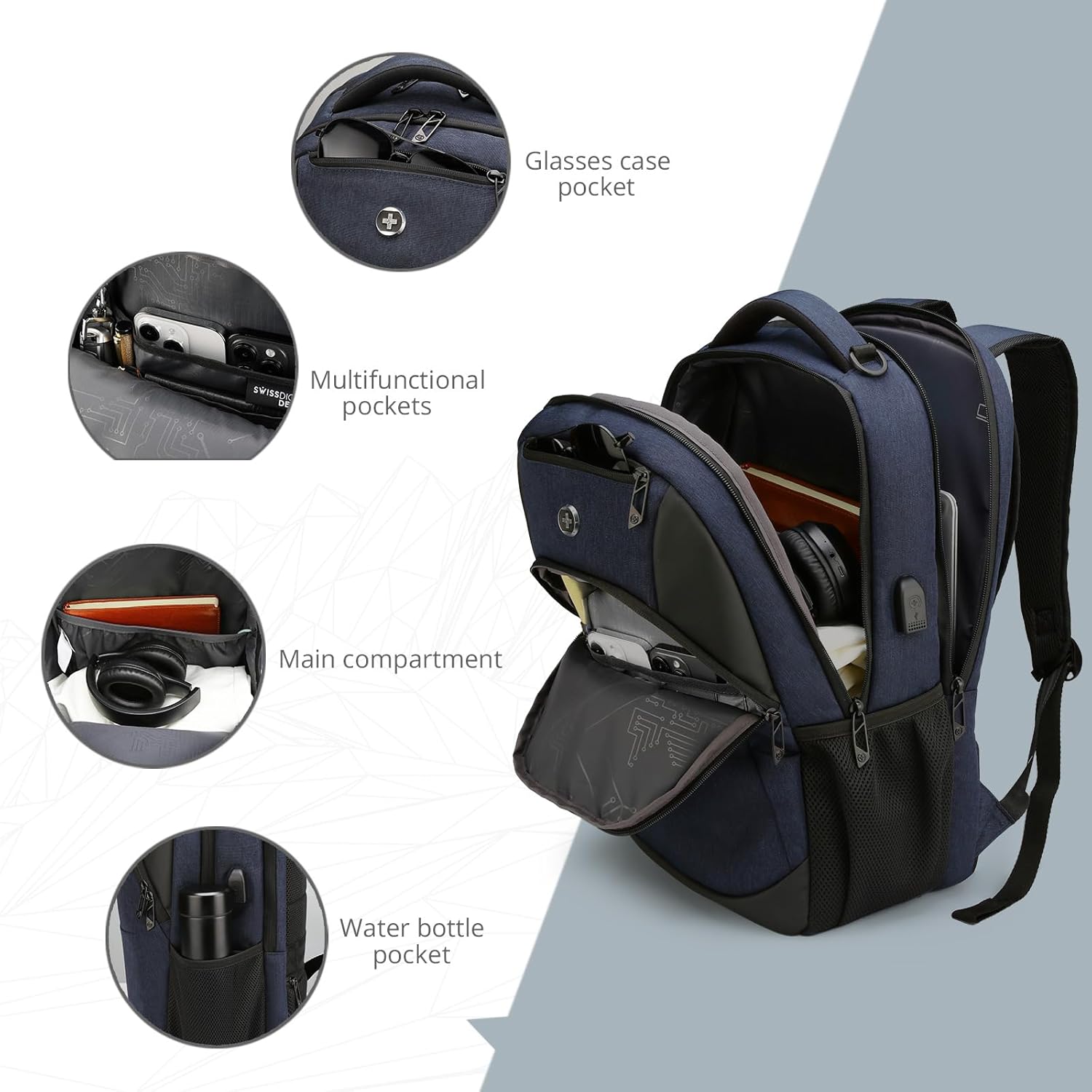 Swissdigital Design Travel Laptop Backpack for Men and Women, Business Backpack with USB Charging