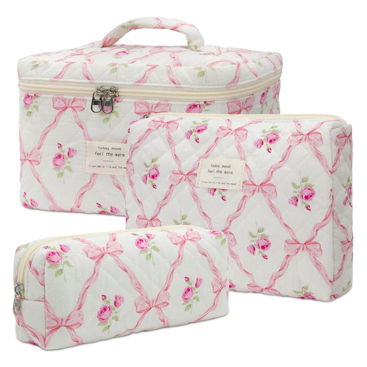 Makeup Bag,Quilted Cosmetic Bag,Large Floral Make Up Bag for Women,Cotton Makeup Bag Set,Flower Travel Toiletry Bag