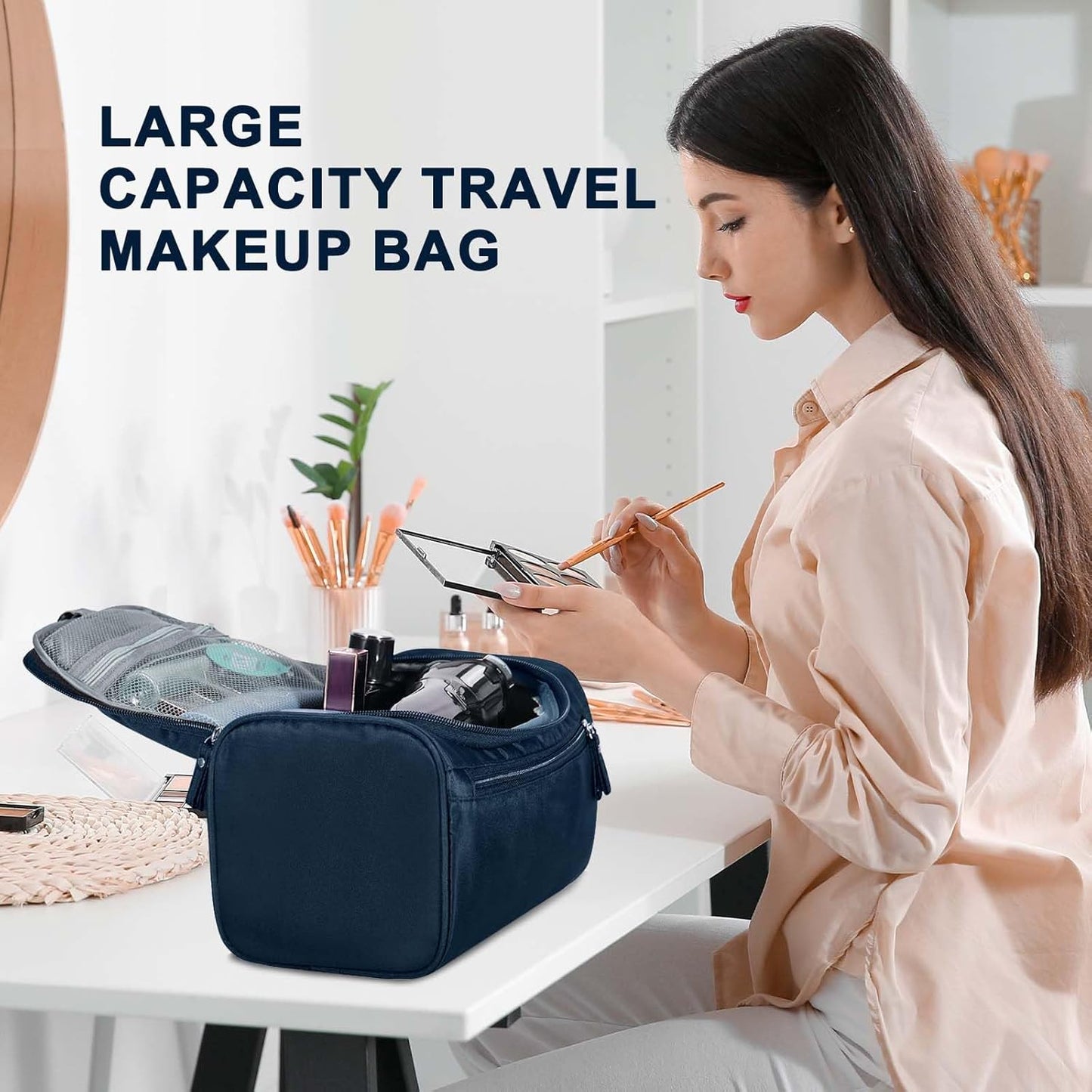 Hanging Toiletry Bag for Women and Men Traveling Makeup Large Capacity Cosmetics Portable Dopp Kit Storage Organizer Bag with Hanging Hook for Toiletries Brushes (Dark Blue)