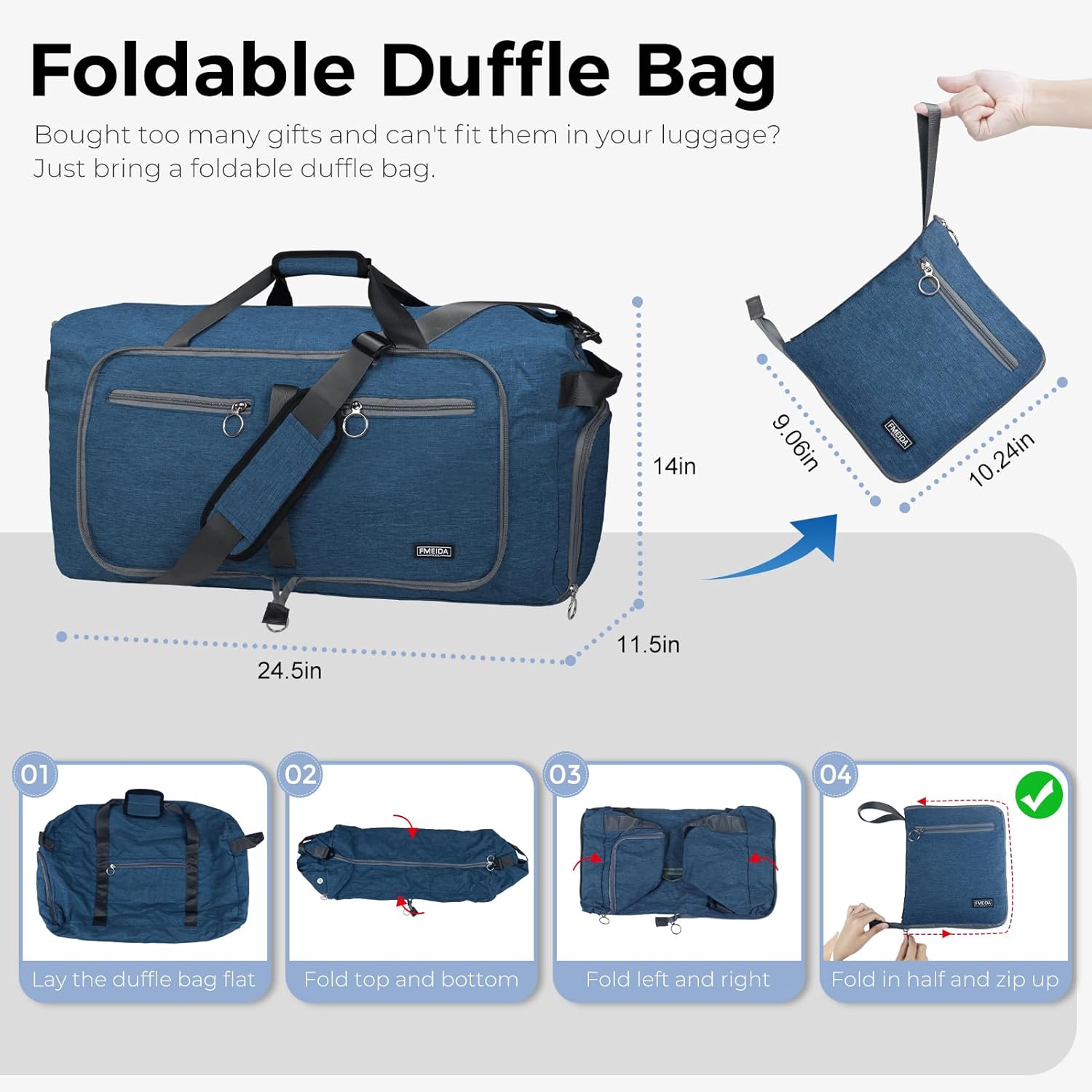 Fmeida 65L Duffle Bag with Shoes Compartment, Foldable Travel Duffel Bags for Men Women, Large