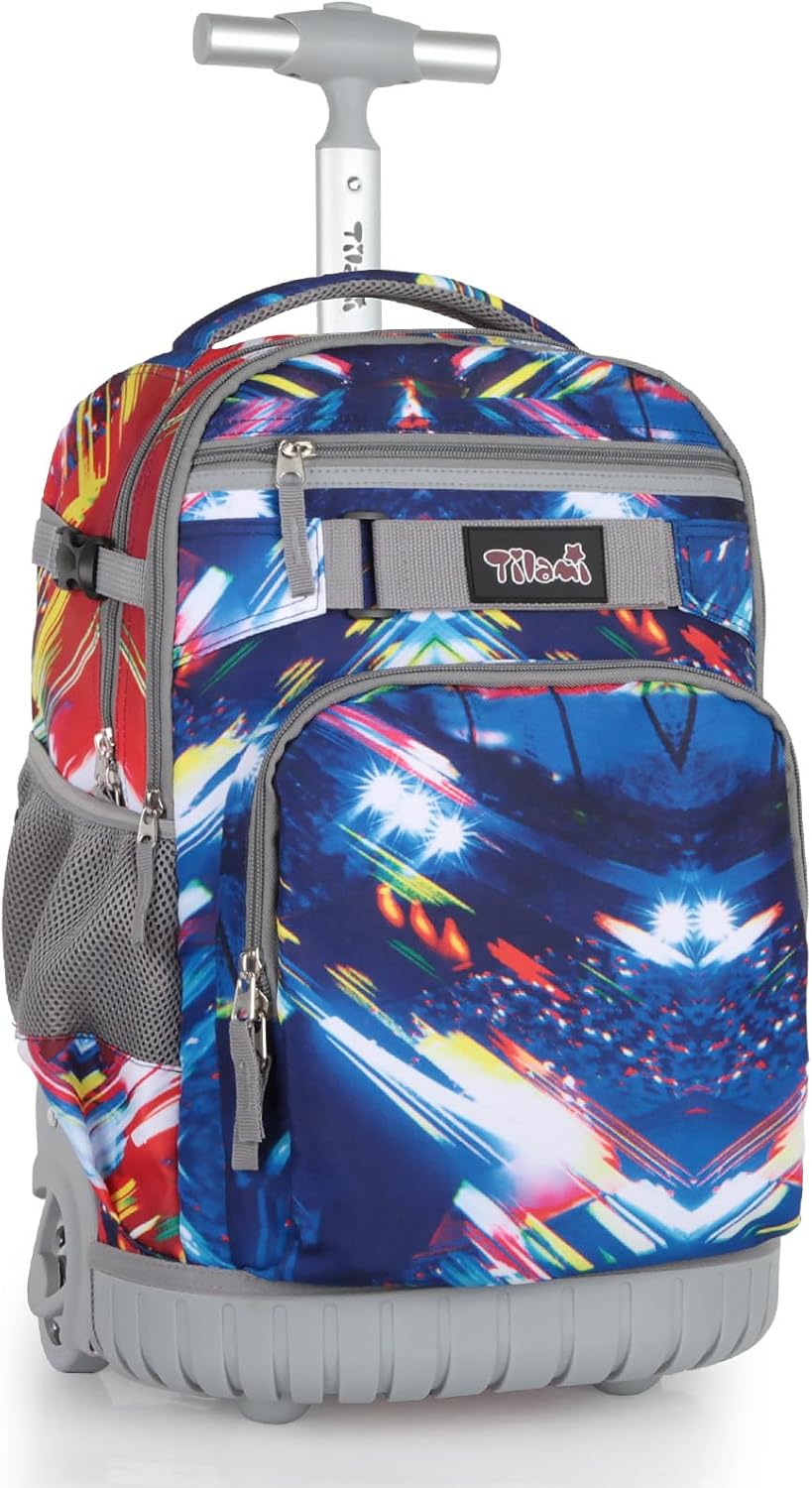 Tilami Rolling Backpack for Kids 18 Inch Wheeled Bookbag for Boys & Girls for School & Travel,Lighting Blue