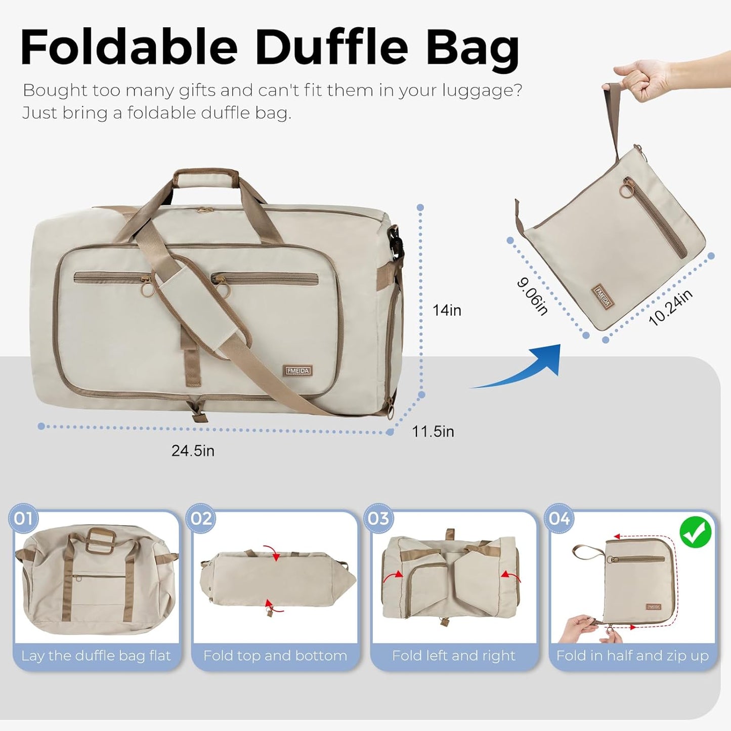 Fmeida 65L Duffle Bag with Shoes Compartment, Foldable Travel Duffel Bags for Men Women, Large Packable Travel Bag Water Repellent & Tear Resistant (Beige)