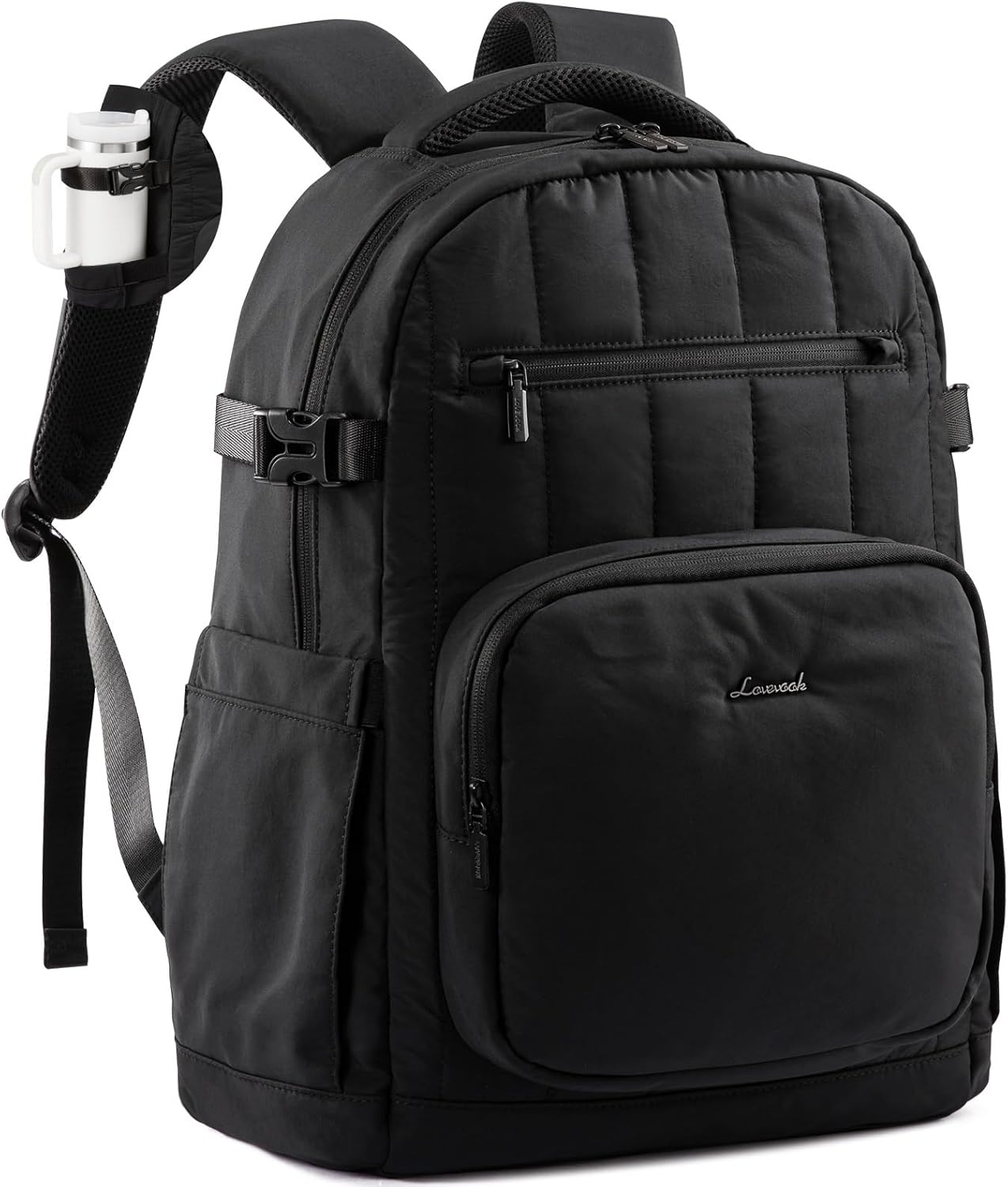 LOVEVOOK Laptop Backpack for Women with Pouch Pocket for Large Capacity Cup,17 Inch Lightweight Puffer Computer Laptop Bag Quilted Travel Backpack Purse for Work College Teacher Personal Item,Black