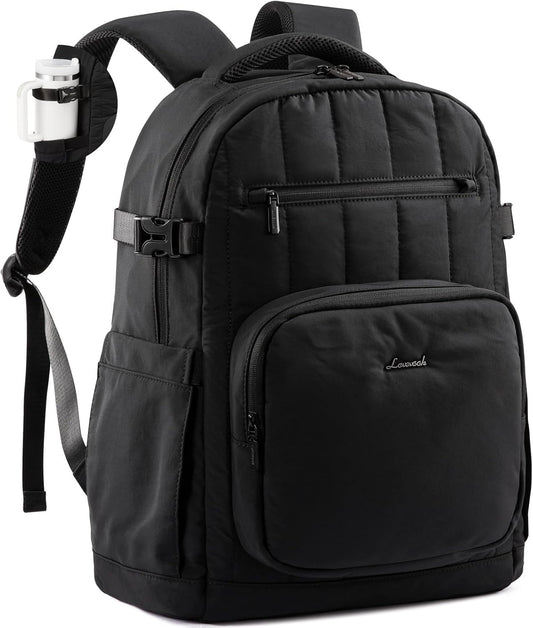 LOVEVOOK Laptop Backpack for Women with Pouch Pocket for Large Capacity Cup,17 Inch Lightweight Puffer Computer Laptop Bag Quilted Travel Backpack Purse for Work College Teacher Personal Item,Black