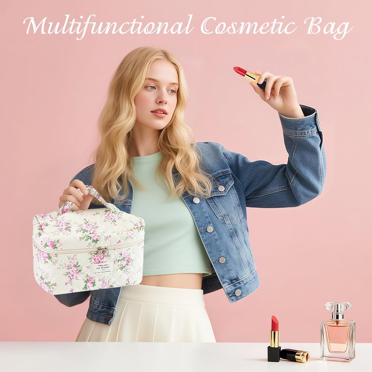 Large Travel Quilted Makeup Bag for Women, Floral Cotton Cosmetic Bag Cute Coquette Aesthetic Floral Toiletry Organizer Bag for Girls Little Pink Flower Cosmetic Zipper Storage Bag