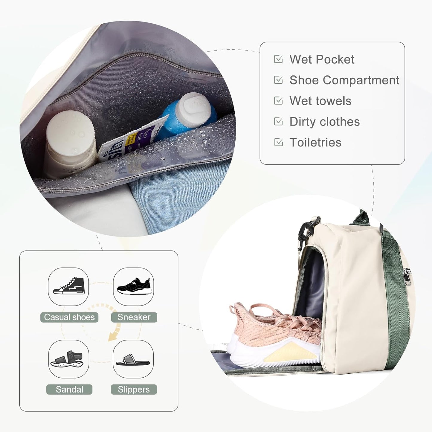 Gym Bag for Women with Shoes Compartment,Small Duffel Bag Sport bag with Toiletry Bag Overnight Travel Tote Bags Weekender Carry on Bag Personal Item Bags for Airlines Beige Green
