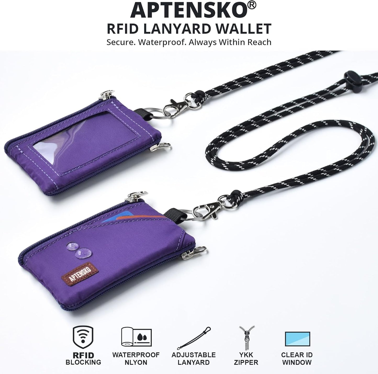 RFID Travel Wallet with Adjustable Lanyard-Zipper Small Wallet with ID Card Holder, Keychain for women&men-Minimalist Slim Waterproof Nylon case for ID, Cash, Key (Deep Purple)