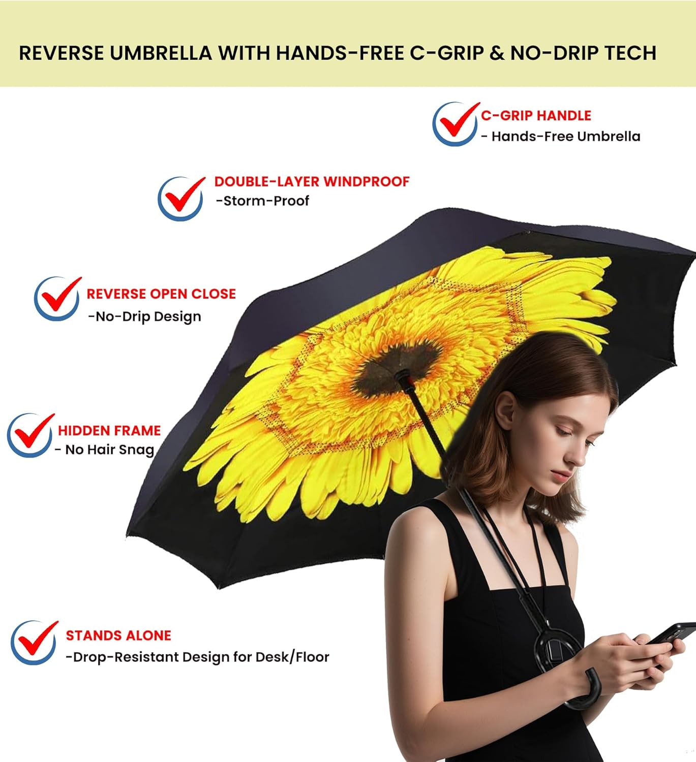 SIEPASA 49/56 Inch Inverted Reverse Upside Down Umbrella, Extra Large Double Canopy Vented Windproof Waterproof Stick Golf Umbrellas with C-shape Handle.