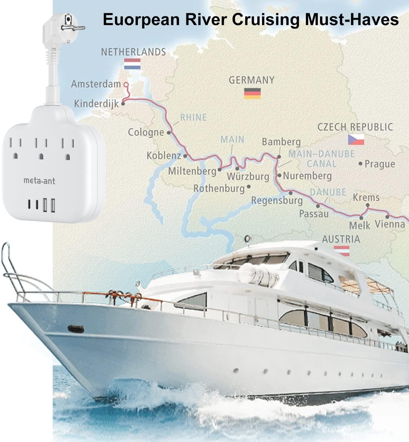 European Travel Plug Adapter 3 inch, International Plug Adapter, US to Europe Plug Adapter with 3 Outlets 4 USB Ports(2 USB C), Type E F Power Adapter to EU Germany Spain France Portugal Iceland