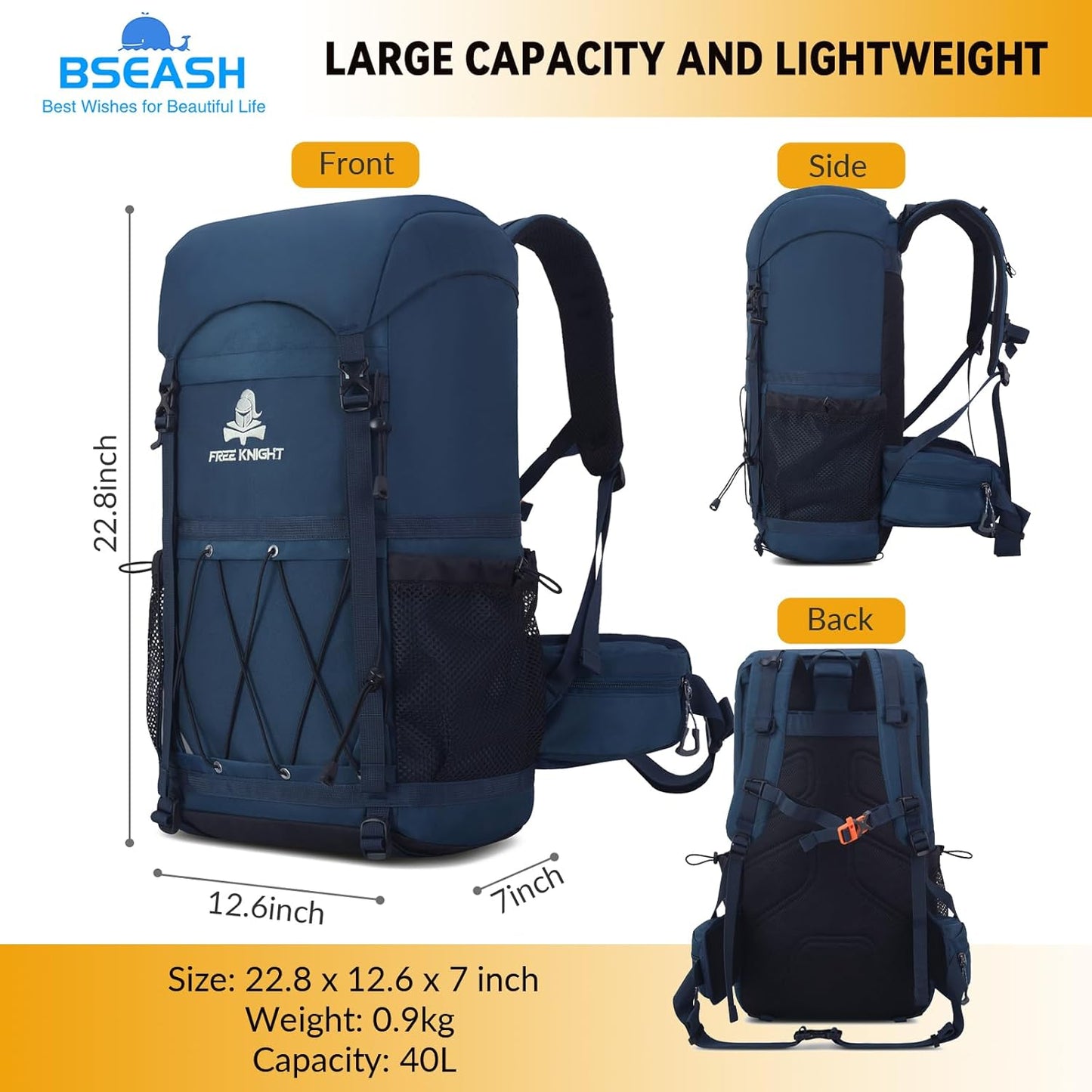 Bseash 40L Waterproof Hiking Backpack with Rain Cover, Outdoor Sport Travel Bag Daypack for Camping Climbing Skiing Cycling (Navy Blue)