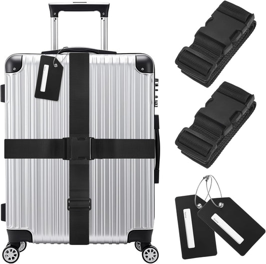 2-Sets Luggage Straps TSA Approved, Travel Straps for Luggage Suitcase Tags Set, Adjustable Suitcase Belt [Black]