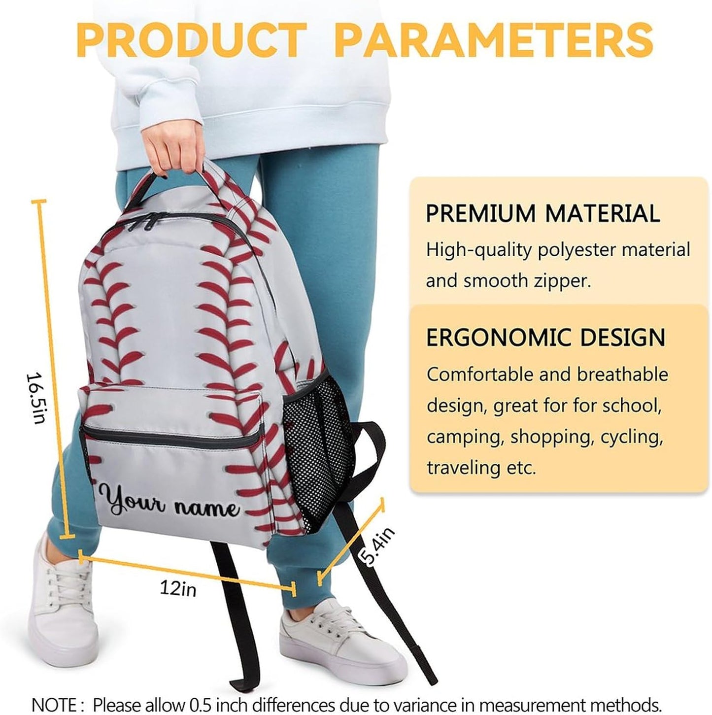 Personalized Baseball Backpack for Boys, 16 Inch Sports Theme Backpack for School, Adjustable Straps, Durable, Lightweight Bookbag for Kids
