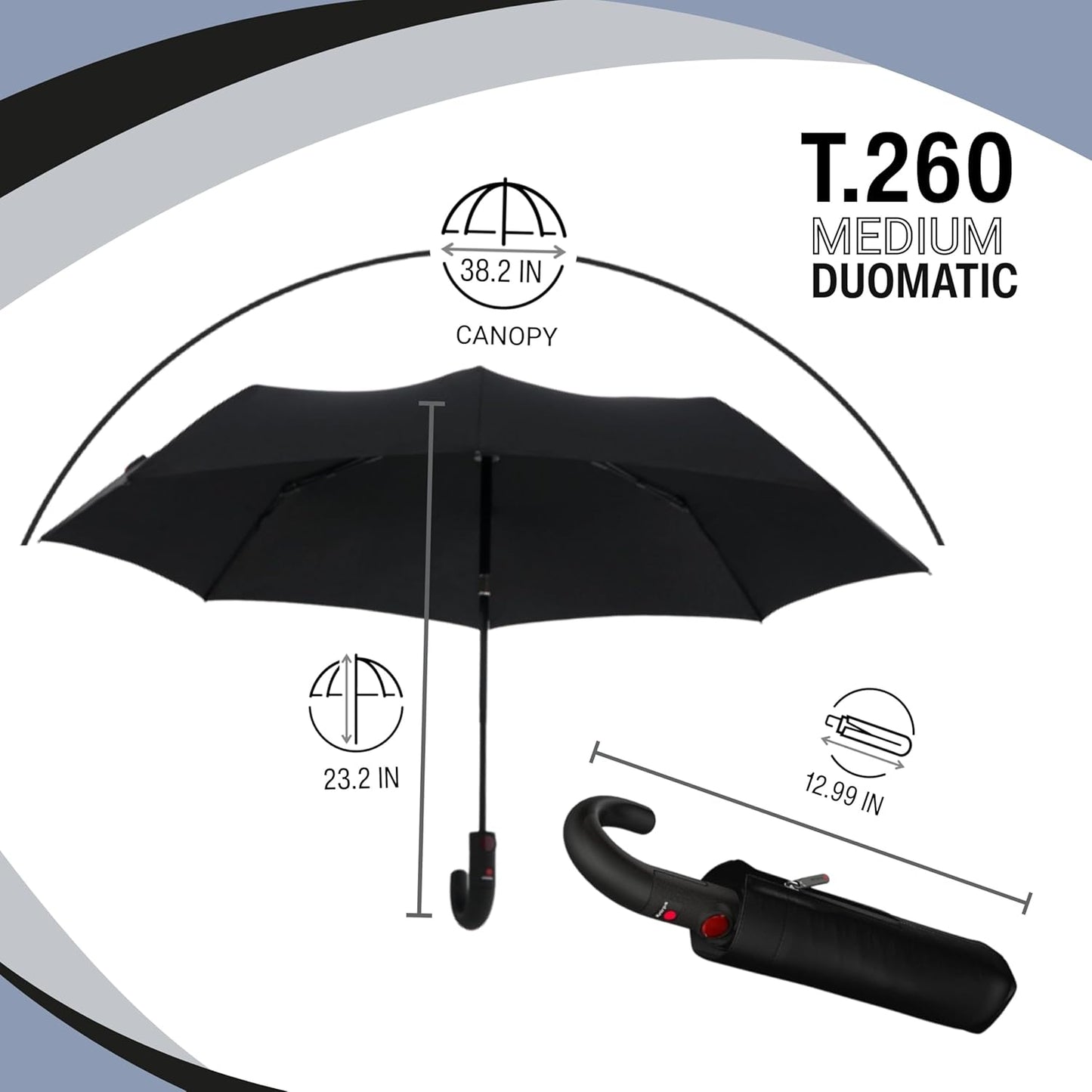 Knirps T.260 Medium Automatic Open Close Rain Umbrella with Curved Handle and Carrying Case - Compact Windproof Travel Umbrellas for Adults, 97cm Diamteter