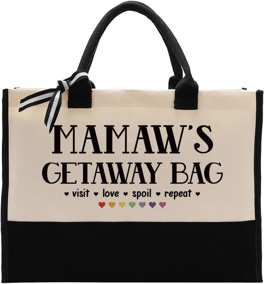 Canvas Bag Gift for Mamaw, Mamaw Gift, Mamaw's Getaway Bag, Cotton Canvas Tote Bag, Shoulder Beach Bag, Reusable Shopping Bag, Women Canvas Bag Gift, Birthday Mother's Day Gift for Mom Grandma