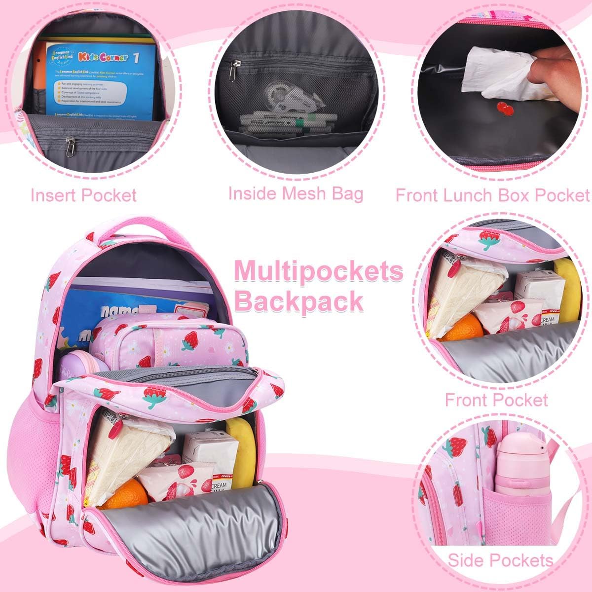 RHCPFOVR Kids Backpack for Girls - Girls Backpack 3-8 Ages Strawberry for Kids 15 Inch School Bookbag for Kindergarten Elementary School Bookbag for Girl 1st 2nd Grade