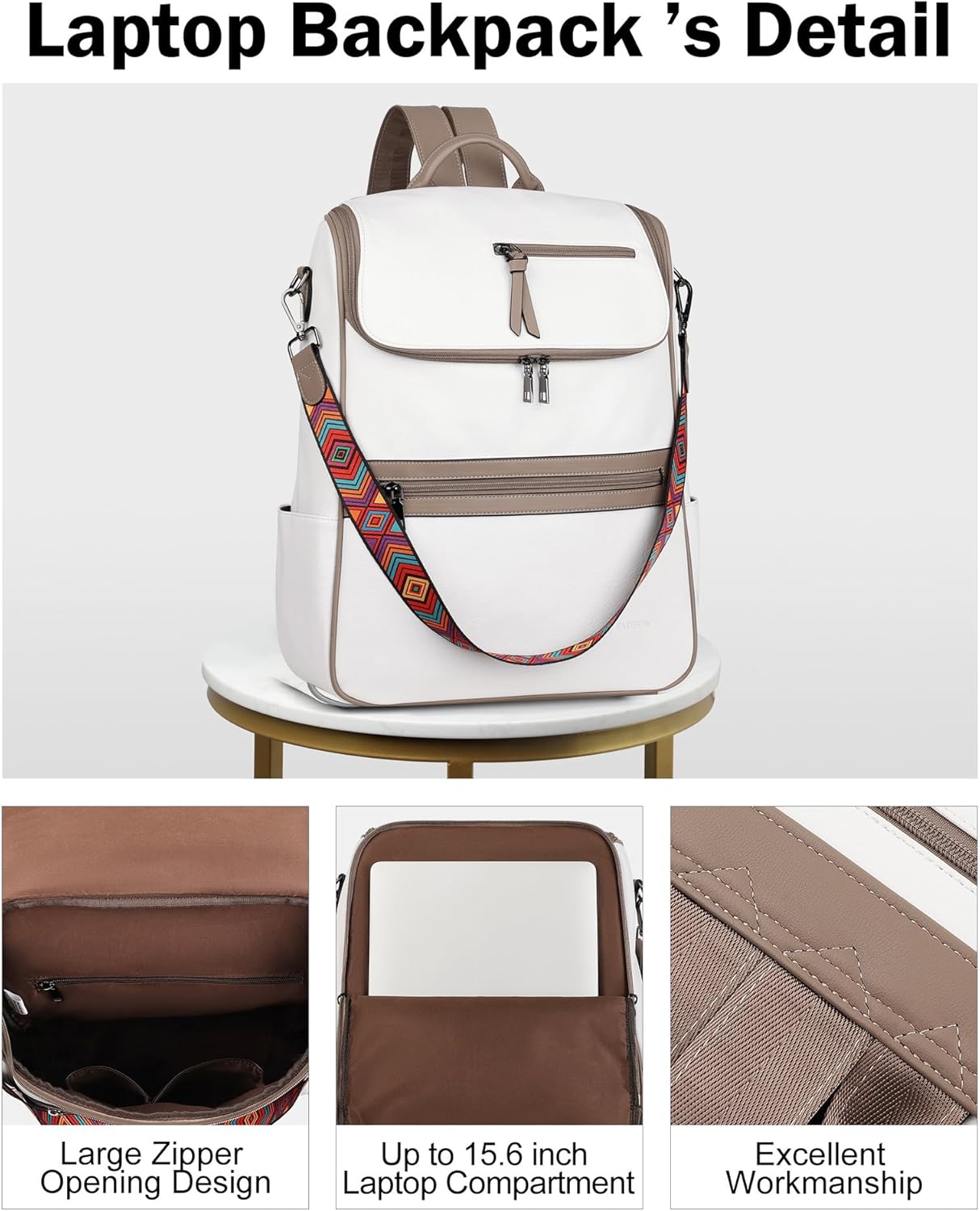 FADEON Laptop Backpack for Women Leather Travel Backpack with Laptop Compartment, Designer Ladies Computer Backpacks White