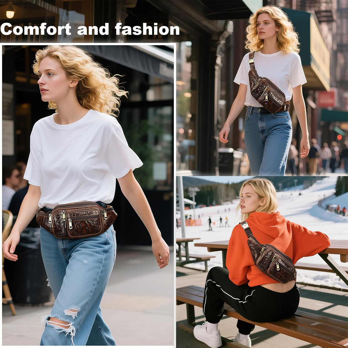 Genuine Leather Fanny Pack large capacity Crossbody Waist Bag with Zipper phone Pockets crocodile